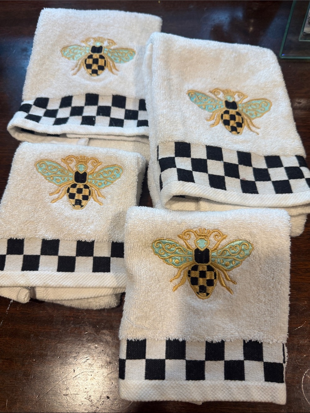 MacKenzie Childs Embroidered Bee Check Cotton Hand & Guest Towel Set - White